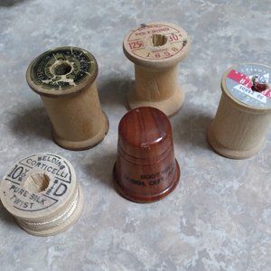 Vintage Boot Hill Wooden Thimble and Wooden Thread Spools